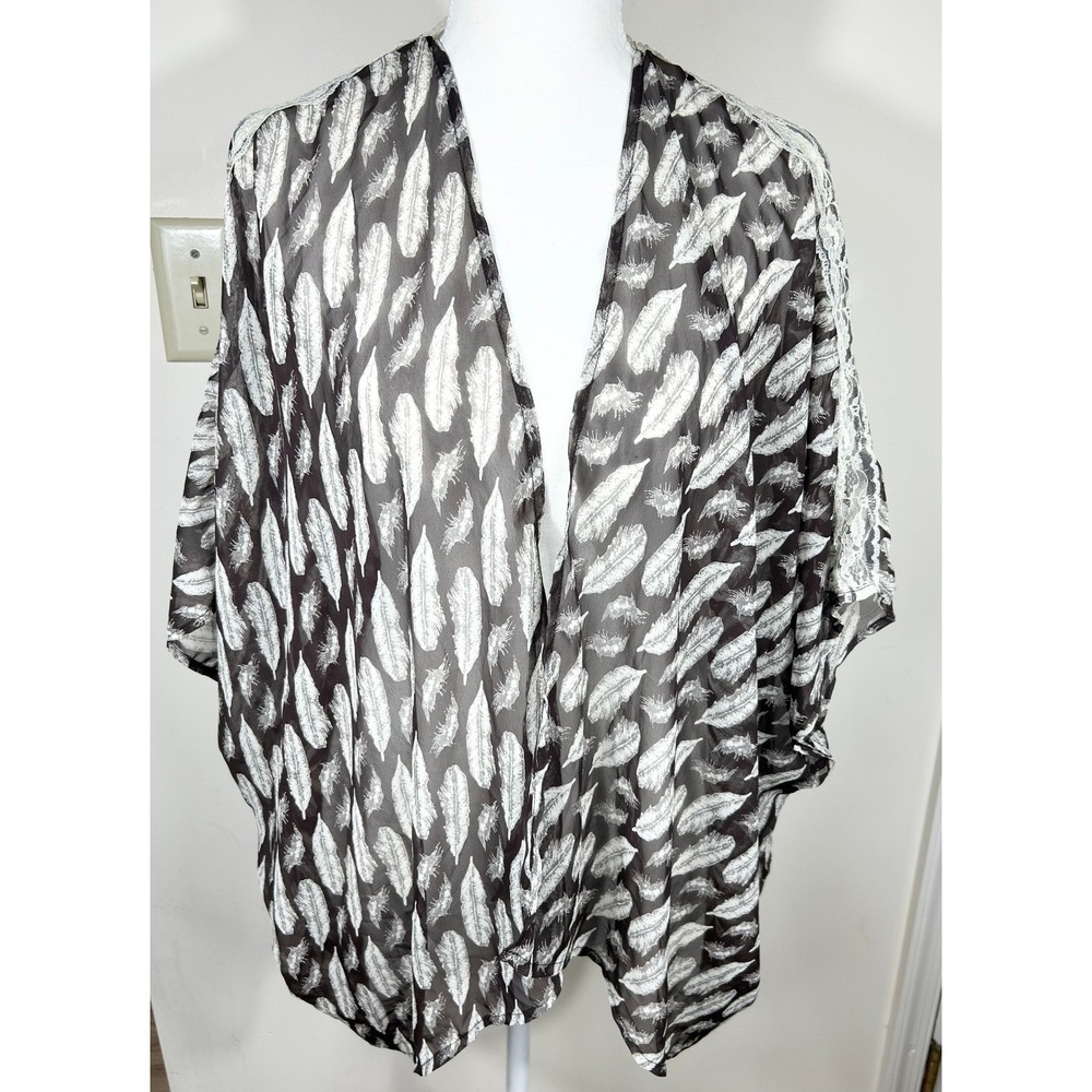 HIP Feather Print Sheer Kimono Lace Trim Brown Womens M‎ BOHO Hippie Layering